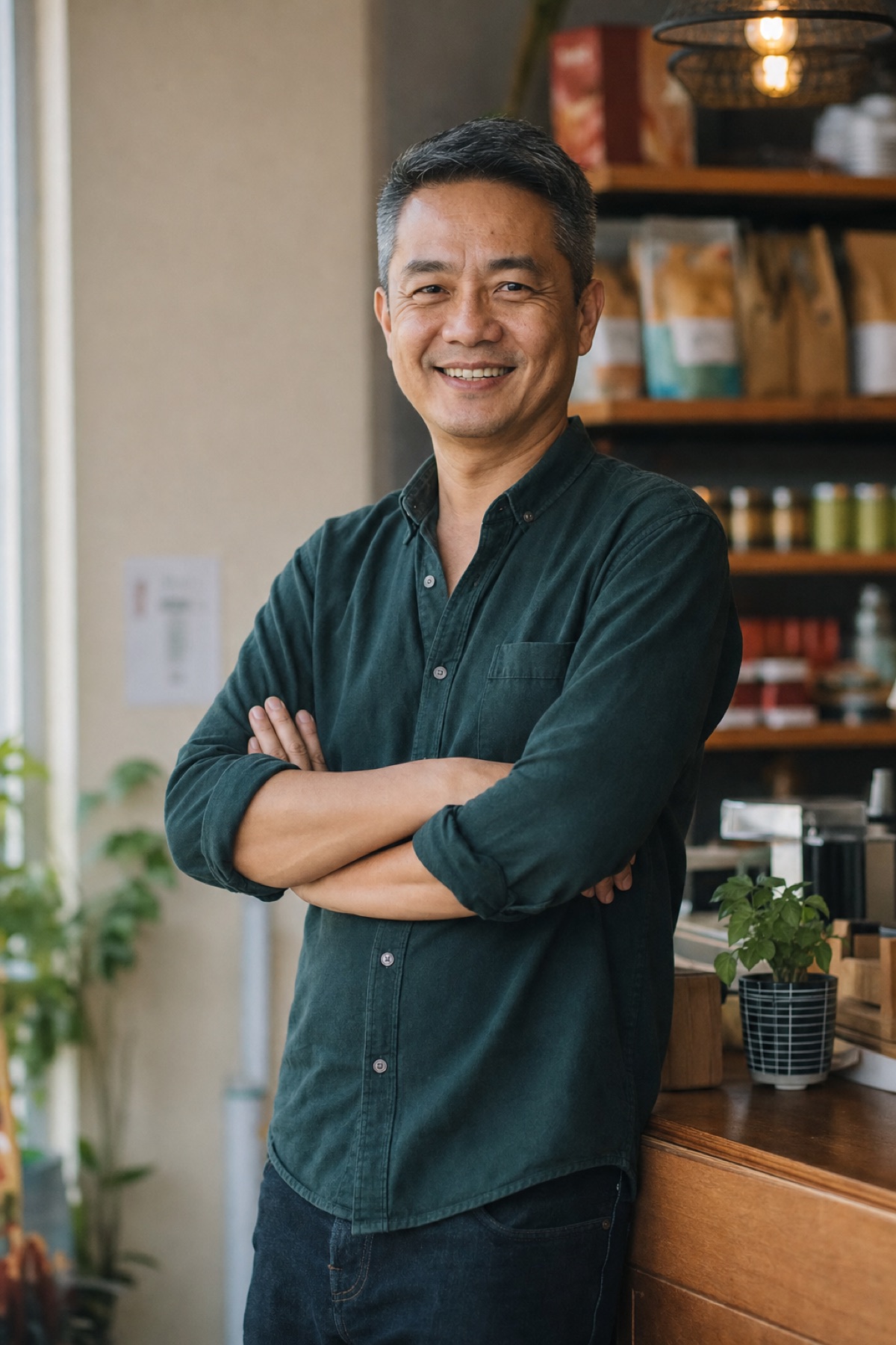 一位老板双手交叉站在自己的店里